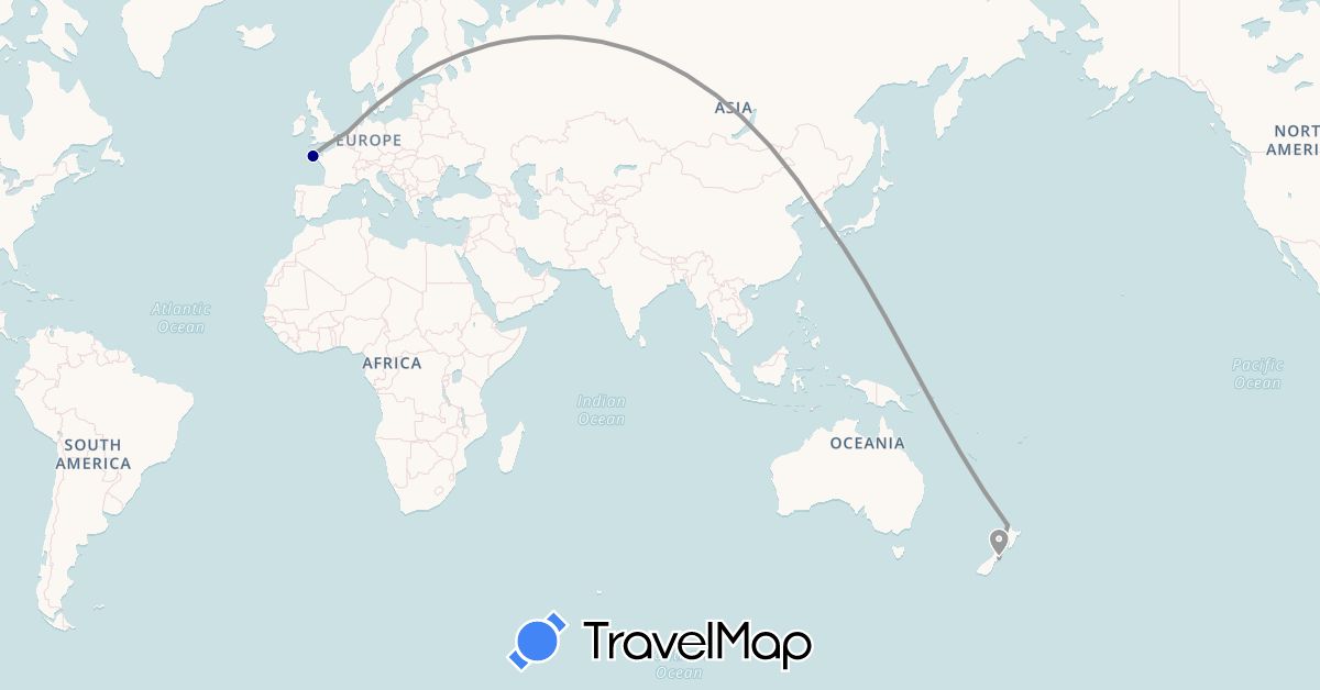 TravelMap itinerary: driving, plane in France, South Korea, Netherlands, New Zealand (Asia, Europe, Oceania)